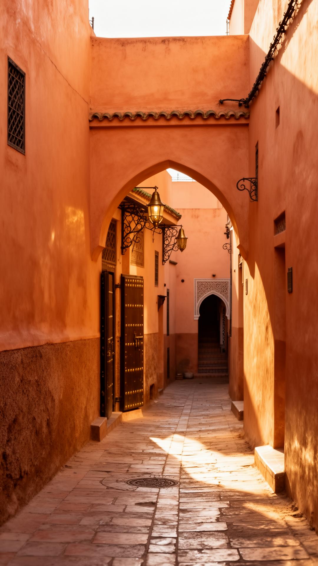 Ruelle ocre de la médina de Marrakech dans la lumière de fin d'après-midi