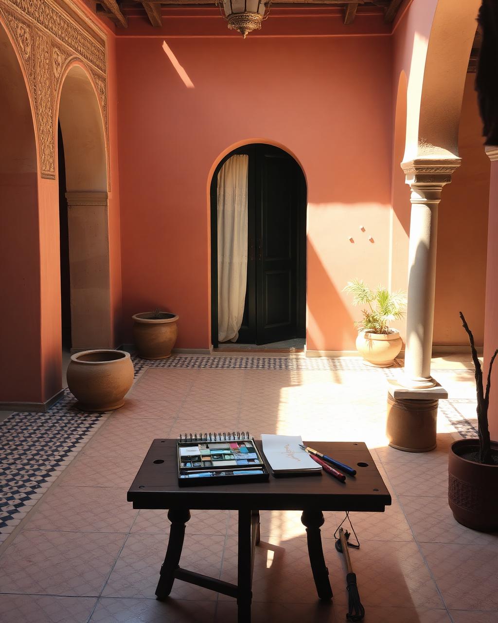 Lumière matinale sur une table de travail avec palette de peinture