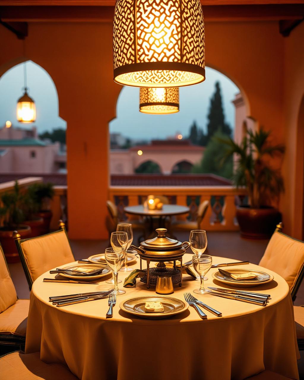 Table marocaine dressée sous la lumière du soir